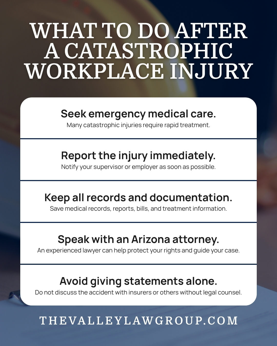 Infografía sobre los pasos a seguir en caso de accidente laboral grave, con asesoramiento jurídico en Arizona.