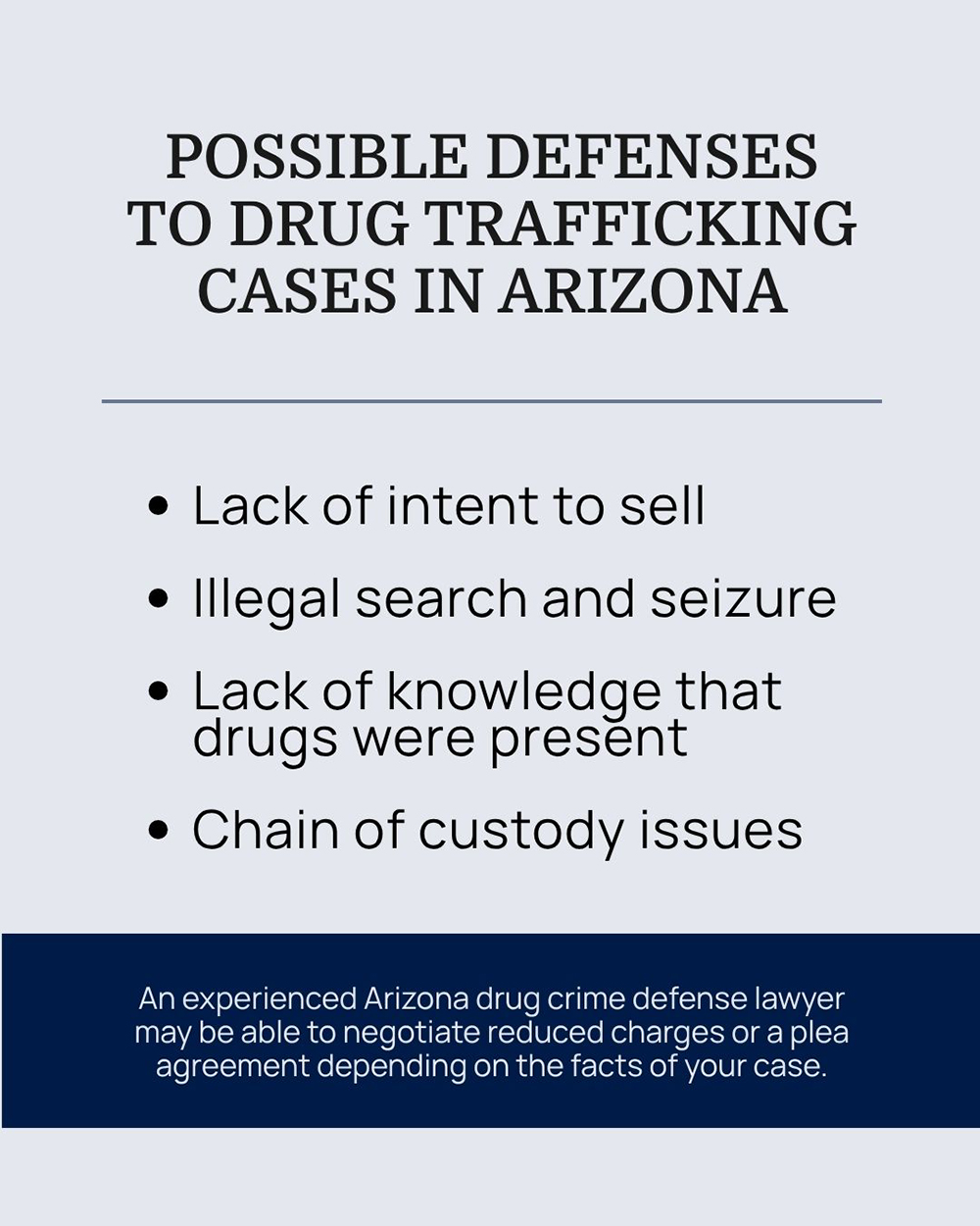 Infographic outlining possible defenses to drug trafficking charges in Arizona including illegal search and seizure and lack of intent to sell